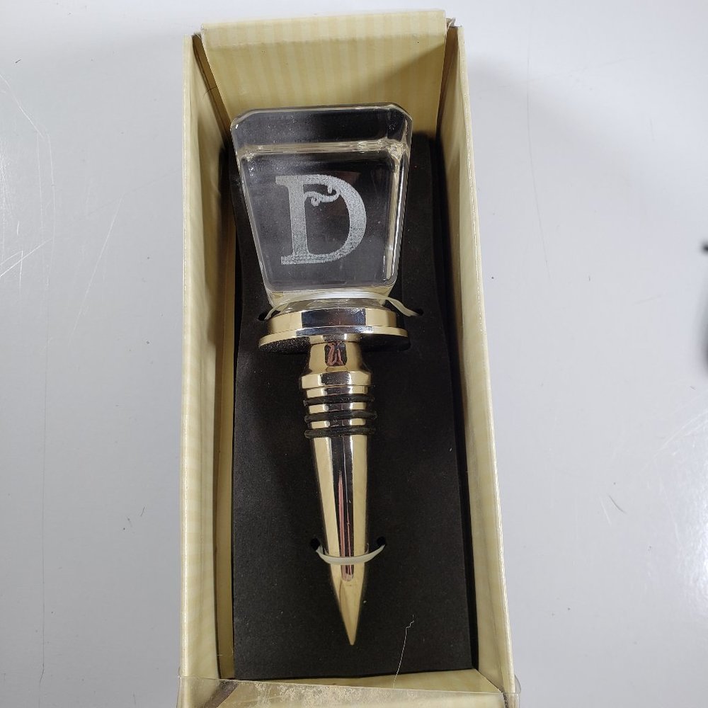 NEW Cypress Home Wine Bottle Stopper Monogram "D" Glass on Gold Colored Metal